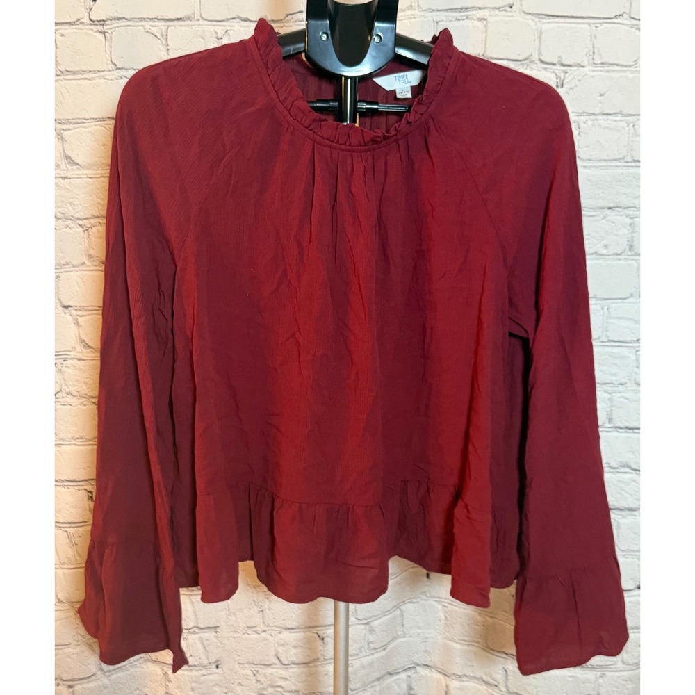 Time and Tru Womensβ Burgundy Ruffle Mock Neck Peplum Blouse Large 12-14